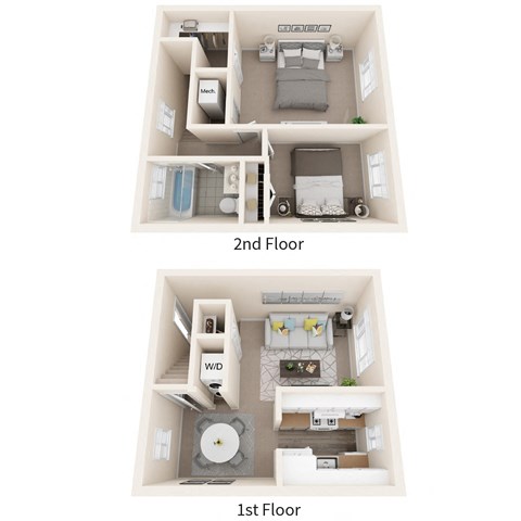 Floor plan for 2 beds, 1 bath, 980 sqft